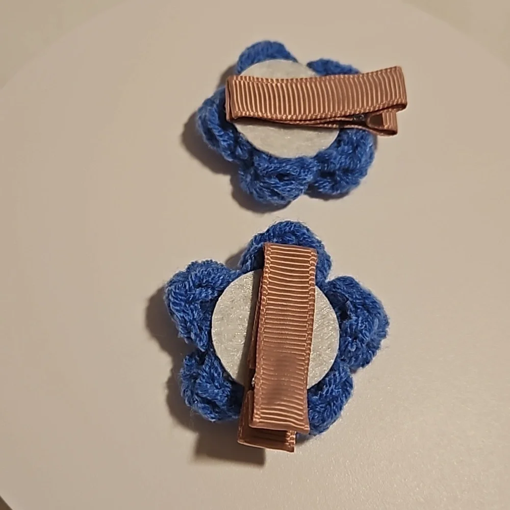 Hand Crafted Hand Knit Crochet Blue & Yellow Puffy Flowers 2-Set handmade clips